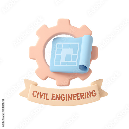 Civil engineering concept with blueprint and gear isolated on transparent background
