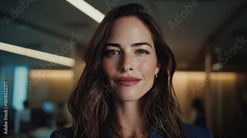 Free Download Headshot of a female business manager smiling and looking at the camera, wearing professional attire with an office background and soft lighting, high-resolution. - GFXLoad