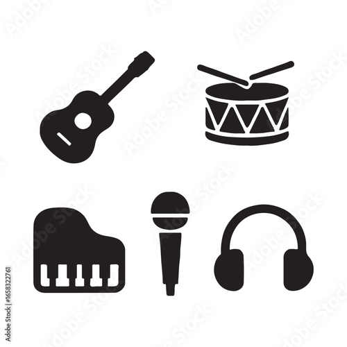 Musical Instruments Collection Silhouette Icons Guitar Drum Microphone Piano and Headphones for Music Production and Audio Engineering Applications