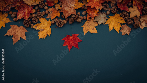 Autumn leaves and pinecones arranged on a dark blue surface, creating a seasonal border.