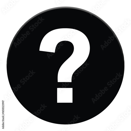 Large white question mark symbol on a solid black circular background