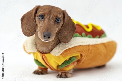 Adorable Dachshund Dog Dressed in Cute Hot Dog Costume for Fun