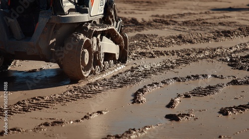 Heavy machinery moving through muddy terrain showing tire tracks and dirt patterns