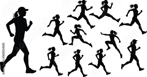 Running silhouette vector set, jogging poses with cap, athletic motion stages, fitness sport illustration, dynamic movement icons, training, marathon runne