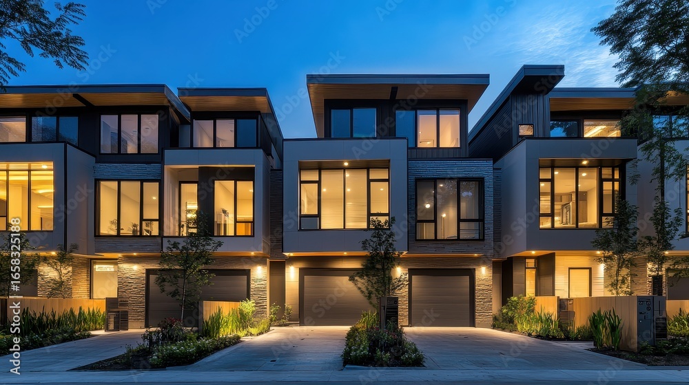 Fototapeta premium A row of modern homes at night