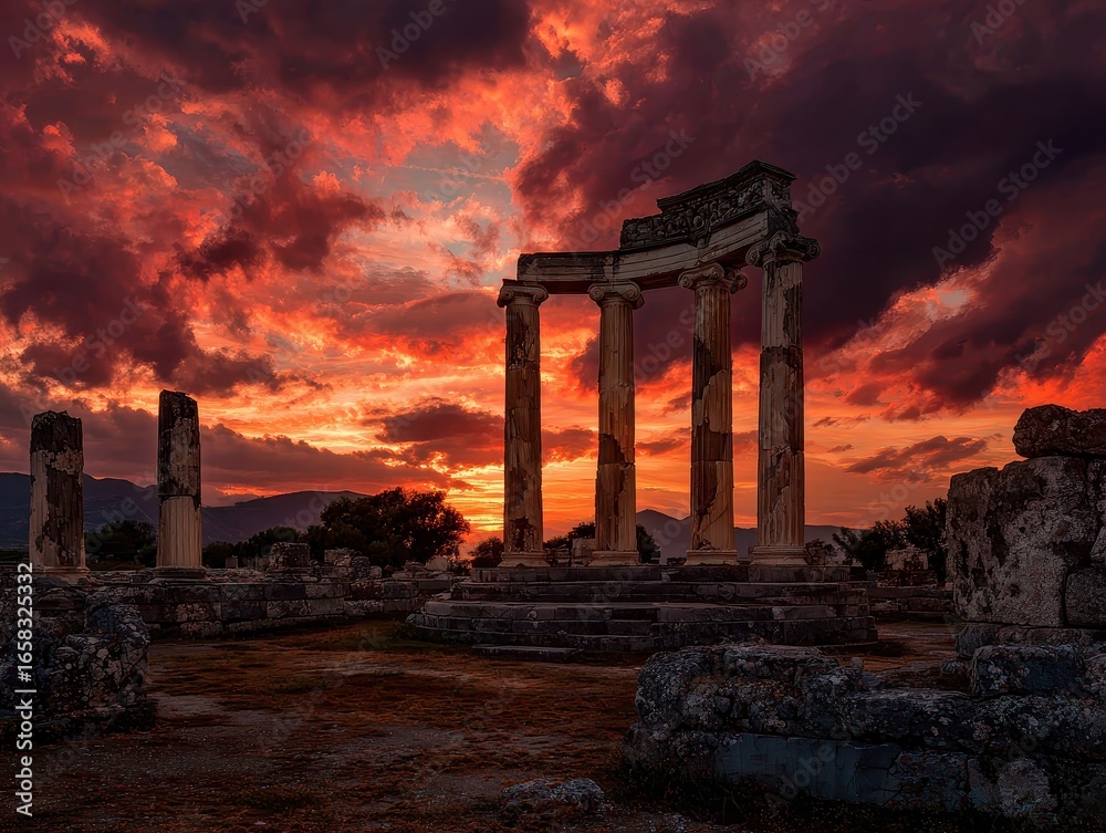 Naklejka premium A sunset view of a temple in a city