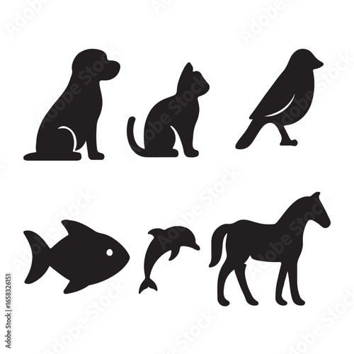 Collection of animal silhouettes featuring a dog cat bird fish dolphin and horse for graphic design and educational materials