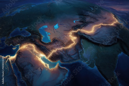Middle East and Central Asia Topographic Map with Illuminated Borders at Night