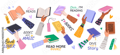 Photos Diverse human hands holding various books