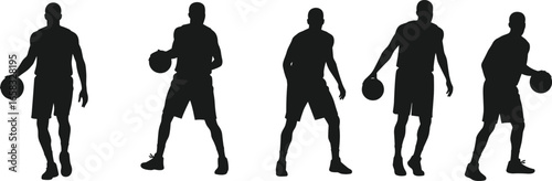 Silhouette, basketball players, holding ball, dribbling, sport, action, athlete, fitness, game, motion, energy, jump, play, team, competition, training, movement, dynamic,