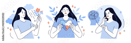 Woman taking care of her mental health, fight against stress, depression. Mental problems, selfcare and self acceptance concept set. Vector illustration.