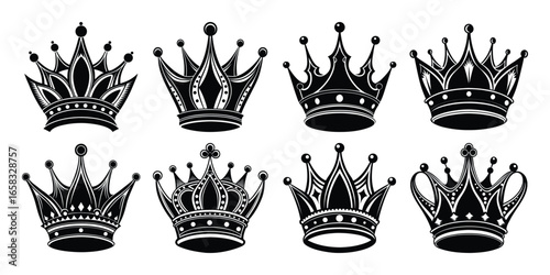 Crown symbols. Set of black crown icons. Black crown sign collection. Big collection quolity crowns. Crown icon set. Collection of crown silhouette.
