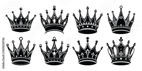 Crown symbols. Set of black crown icons. Black crown sign collection. Big collection quolity crowns. Crown icon set. Collection of crown silhouette.
