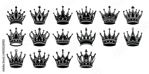Crown symbols. Set of black crown icons. Black crown sign collection. Big collection quolity crowns. Crown icon set. Collection of crown silhouette.
