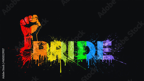 Colorful PRIDE text with raised fist in rainbow colors on a black background.