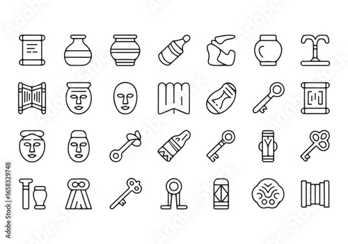Collection of ancient artifact icons including masks scrolls keys and pottery ancient artifact icon set