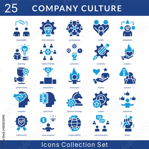 Company Culture icon set collection in solid glyph style. an icon pack contain determination, participation, family, adaptation, learning, mutual friends, autonomy, creativity, passion, achievement