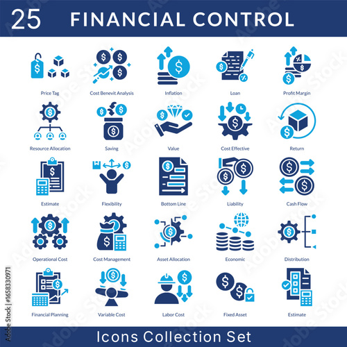 Financial Control icon set collection in solid glyph style. an icon pack contain cost, benefit, analysis, inflation, loan, profit margin, resource allocation, saving, value