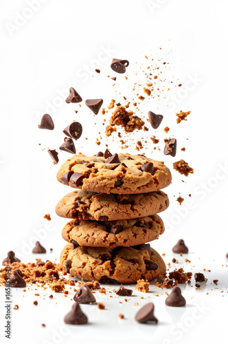 Stacked Chocolate Chip Cookies with Crumbled Toppings and Falling Chocolate Chunks on White
