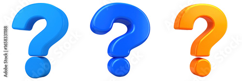 3D Plastic Style Question Mark Icons In Vibrant Blue And Orange Colors On Transparent Background Symbolizing Inquiry And Decisions