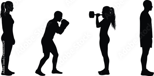 PSilhouette, fitness poses, boxing stance, weightlifting, standing posture, exercise, training, sport, body, health