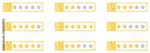 5 stars yellow score ranking review sing isolated on white background. set of star icons. Five Star Ranking Icons.