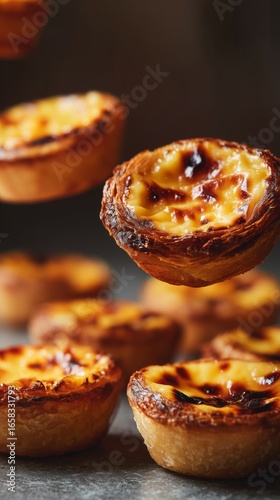 Description:
Traditional Portuguese pastel de nata pastries, golden, crispy custard tarts with caramelized tops. Food photography