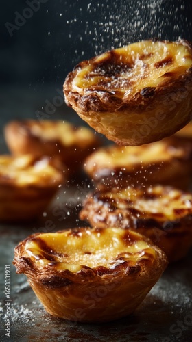 Description:
Traditional Portuguese pastel de nata pastries, golden, crispy custard tarts with caramelized tops. Food photography