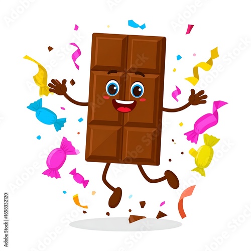Chocolate bar character jumping with confetti and candies