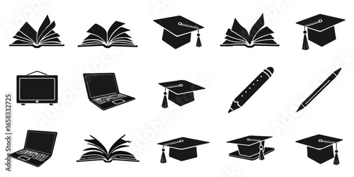 Silhouette Set of Education and online learning icons with open books, graduation caps, chalkboards, laptops, and pencils