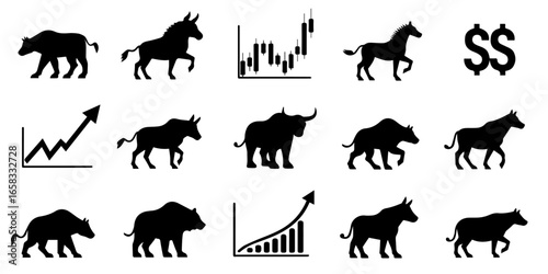 Silhouette Set of Stock market trading icons including candlestick charts, bulls and bears, trading screens, and currency exchange arrows