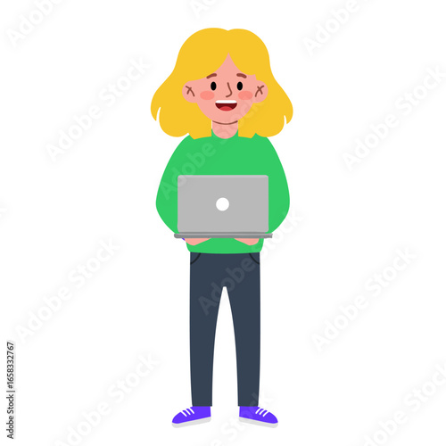 112Vector illustration of a young woman with blonde hair, holding a laptop. The character is dressed in a green sweater, dark pants, and purple shoes, drawn in a flat cartoon style. Perfect for educat