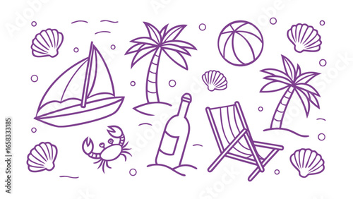 Purple line art beach vacation elements including sailboat palm trees crab deck chair and seashells summer