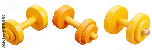 3D Plastic Style Dumbbells in Varying Angles Depicting Fitness Elements on Transparent Background