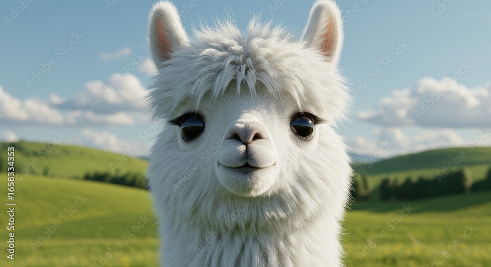 Fototapeta premium A fluffy white animal with big, dark eyes stares directly at the viewer. Green rolling hills and a bright blue sky create a peaceful background