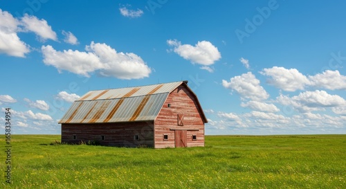 A weathered, red, two-story wooden structure sits on a vibrant green meadow under a brilliant blue sky dotted with fluffy white clouds