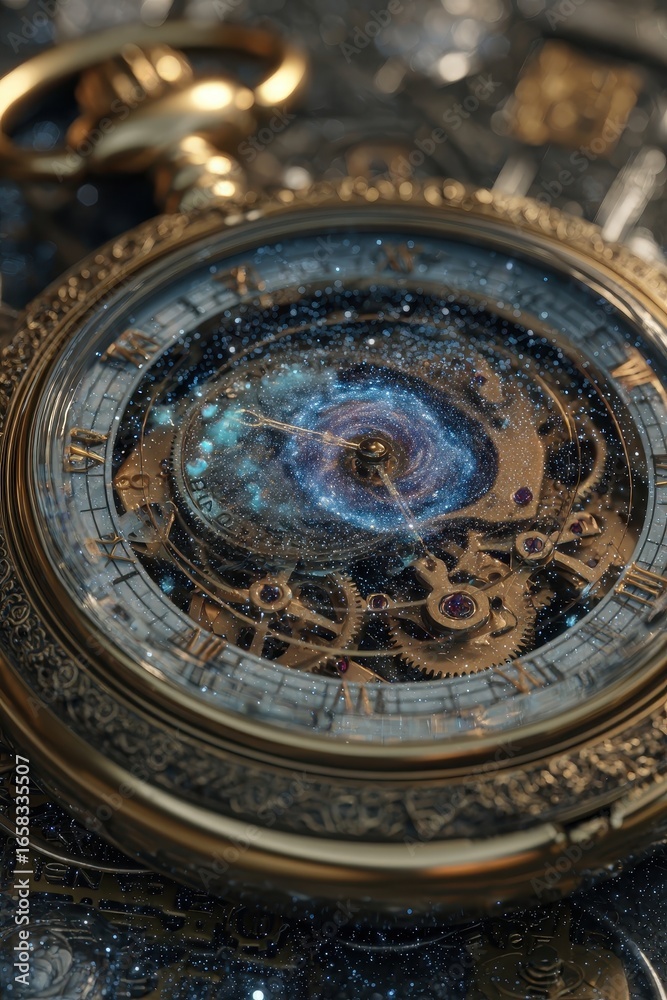 Obraz premium Ornate Pocket Watch with Galaxy Inside, Gold Gears and Roman Numerals