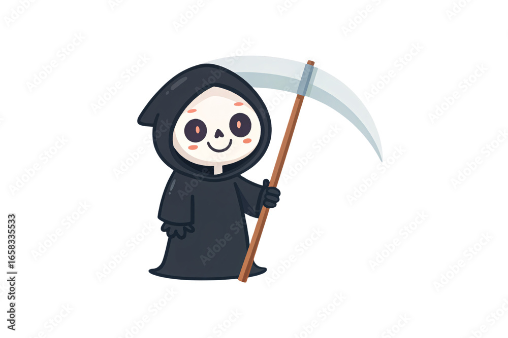 Obraz premium Adorable cartoon death character with friendly skull face, black hood, wooden scythe, kawaii art style, isolated on a transparent background