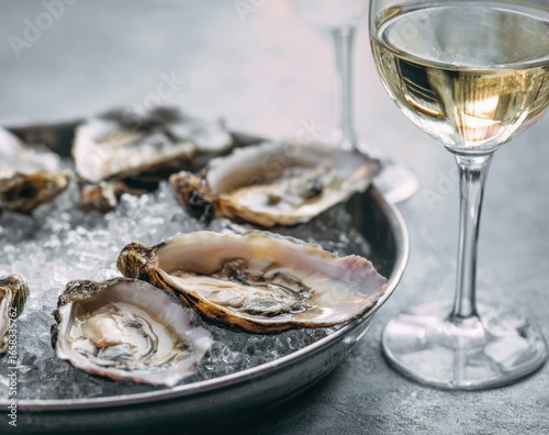 Fresh oysters on a metal tray served with a glass of white wine, showcasing seafood delicacy and fine dining presentation