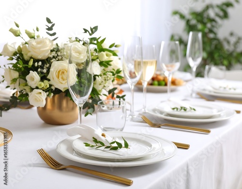 Wallpaper Mural Elegant table setting with white roses, golden cutlery and champagne glasses Torontodigital.ca