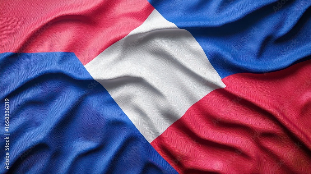 Fototapeta premium Close-Up of White and Red Flag with Blue Sections in Textured Fabric