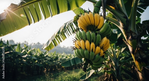 Wallpaper Mural Bananas hanging from a tree, vibrant foliage, tropical plantation. Sunlight streams through the lush greenery Torontodigital.ca