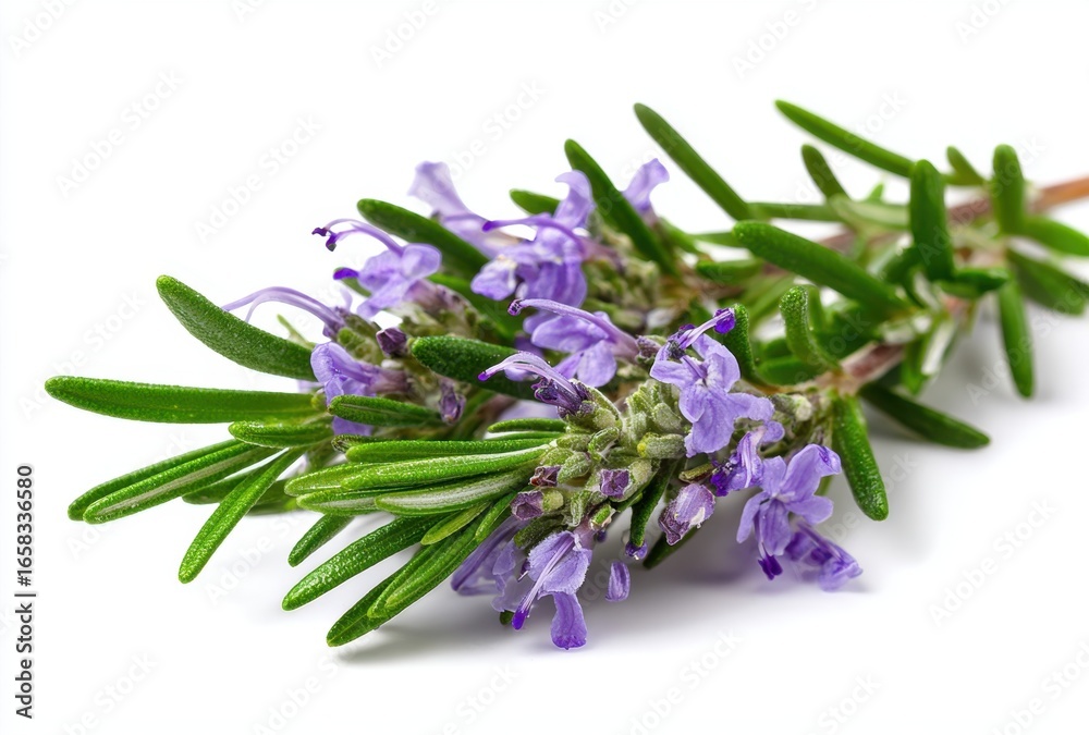 Obraz premium Fresh sprig of lavender with purple flowers and green leaves isolated on white background