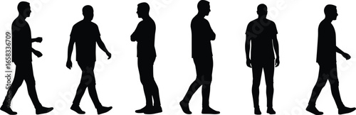 Silhouette, walking, standing arms crossed, standing arms at sides, people, posture, motion, activity, lifestyle, design, animation, gesture, movement, human, vector illustration