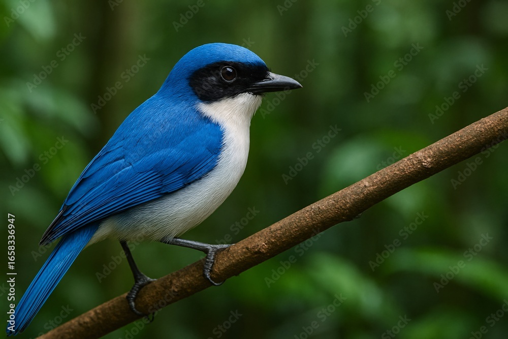 Fototapeta premium Cyanolanius madagascarinus Madagascar blue vanga perched on tree branch in tropical forest