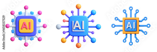 Three Dimensional Plastic Style Artificial Intelligence Icons Depicting Circuit Board Designs with AI Text on Transparent Background