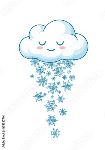 Cute happy cloud falling snowflakes cartoon vector illustration