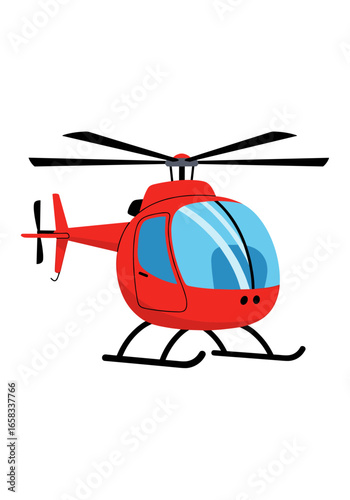 Red helicopter flying in the sky with spinning blades and landing skids