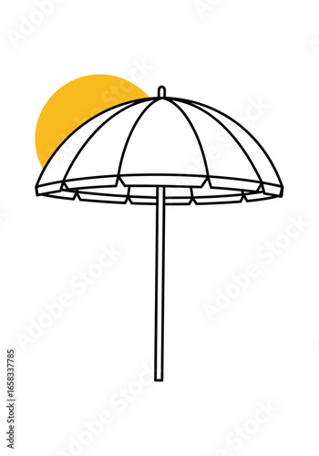 A simple beach umbrella providing shade on a sunny summer day with a bright yellow sun disc in the background