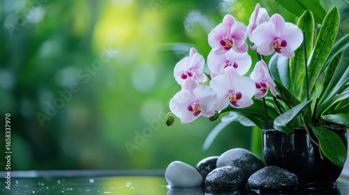 Elegant Pink Orchid Flowers with Smooth Stones on a Calm Background